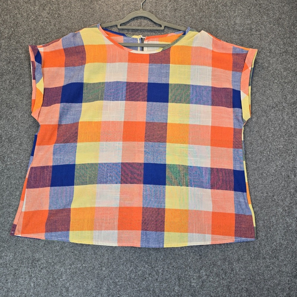 Shein Curve Ruffle Trim Blouse Top Womens 2XL Multicolor Plaid Keyhole Back